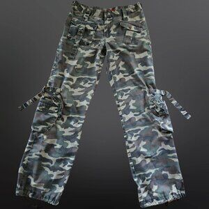Y2K Camouflage Cargo Pants Size S Low Rise Green Grunge Punk Rave Festival